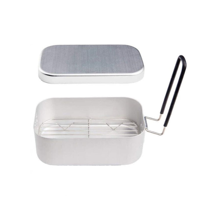 Folding aluminum lunch box with steaming rack and black carrying handles
