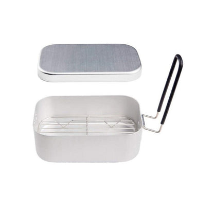 Folding aluminum lunch box with steaming rack and black carrying handles