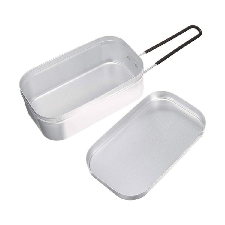 Portable aluminum lunch box with open lid and black side handles