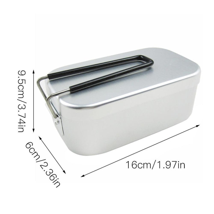 Rectangular aluminum lunch box with clasp latch and black carrying handles