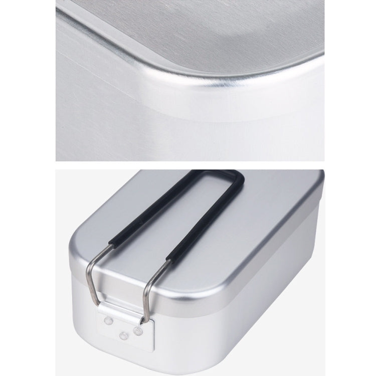 Aluminum lunch box close-up with black carry handle and secure latch
