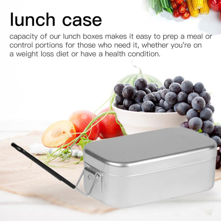 Aluminum lunch box with hinged lid and black handle for camping meals