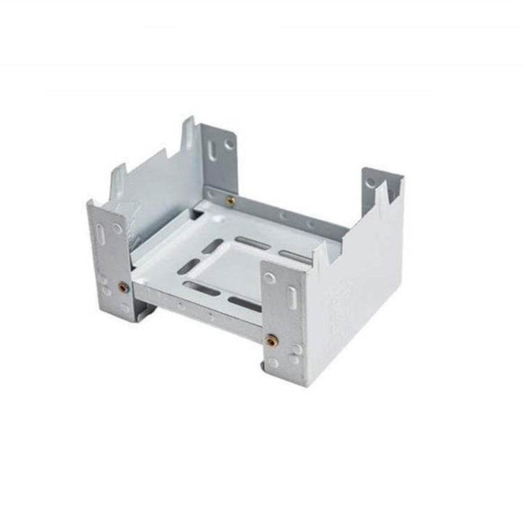 Folding camping stove base with metal supports and adjustable grate