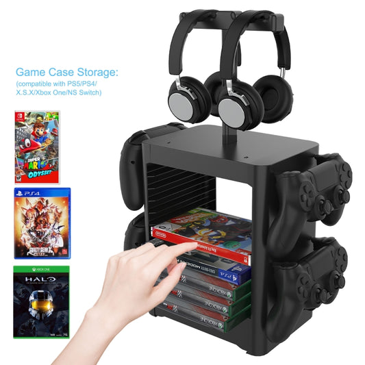 Black disc rack stand with headphone holder and hand loading a game disc