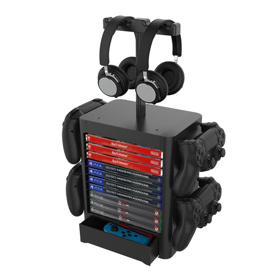 Black game disc storage stand with headphone holder and side controller grips