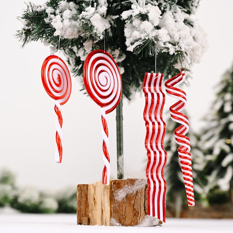 Hanging red and white candy spiral Christmas ornaments, including wavy stick