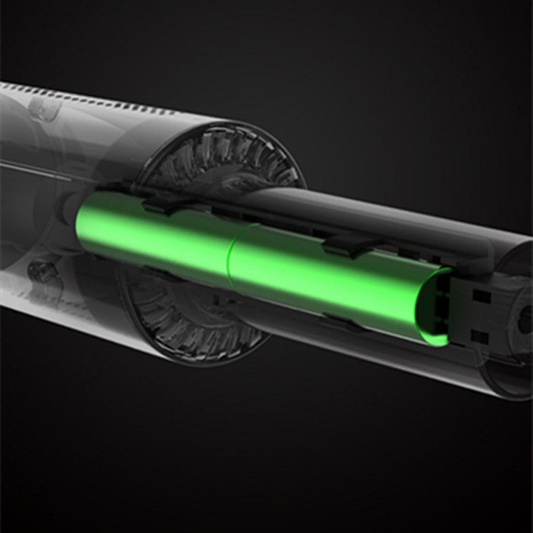 Handheld car vacuum cleaner with transparent dustbin and green LED nozzle light