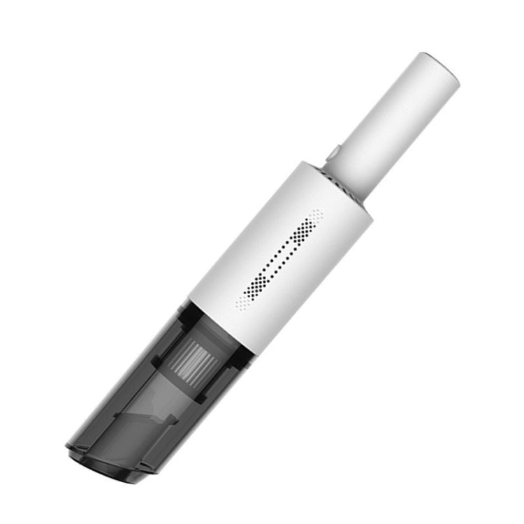 White handheld vacuum cleaner with front dust intake and perforated vent panel
