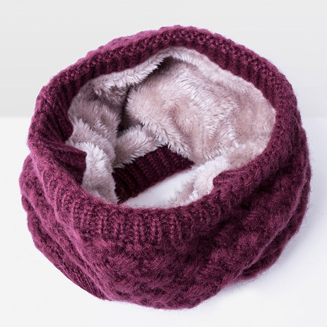 Purple knit infinity scarf with plush velvet-fleece lining, cozy loop design