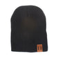 Black knit baby beanie with folded cuff and square leather patch label