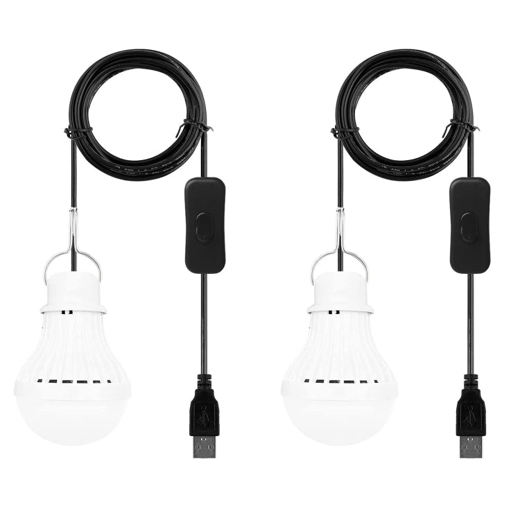 USB camping bulb light set with white globe, black cord, and inline power switch