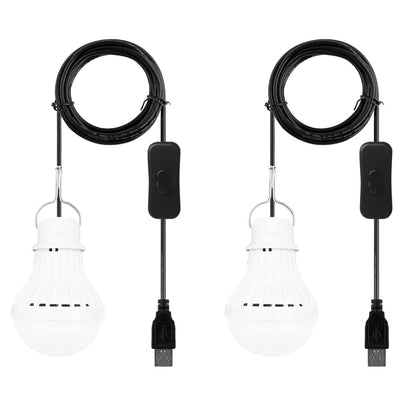 USB camping bulb light set with white globe, black cord, and inline power switch