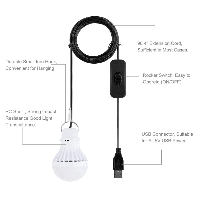 USB camping hanging bulb light with white globe, rocker switch, and USB connector cable