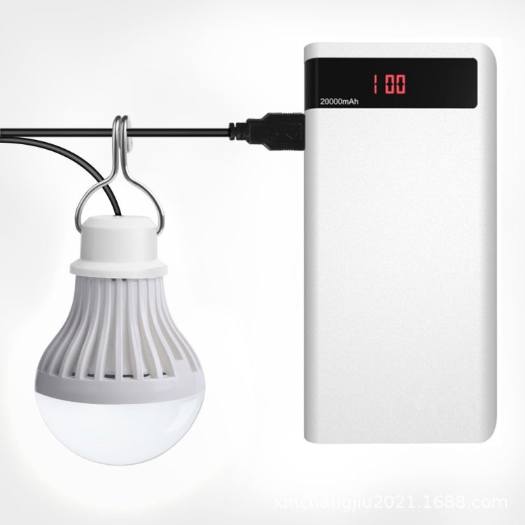Hanging USB camping bulb light with white globe connected to power bank with display