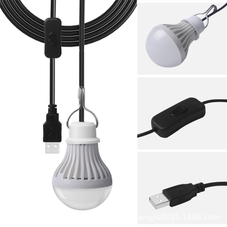 USB camping bulb light with white globe, black inline switch, and USB charging cable