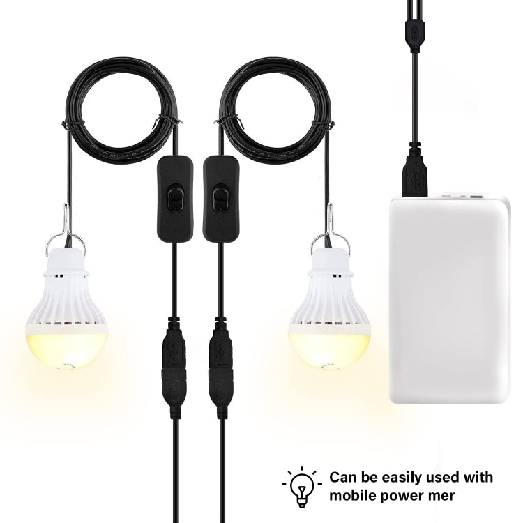 Two USB camping bulb lights with white globes, two switches, and white power bank