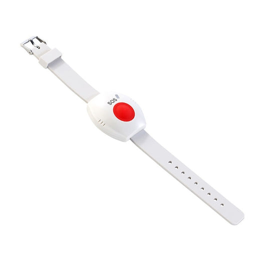 Wireless emergency SOS wristband with white strap and red SOS button