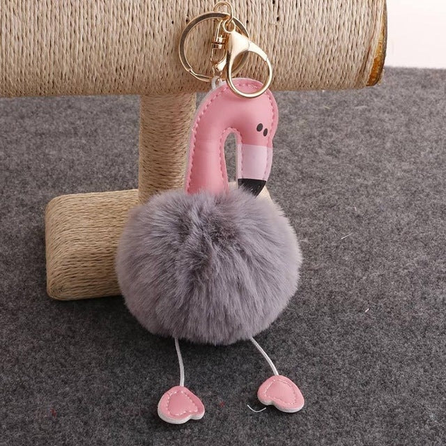 Flamingo plush keychain with light gray pom pom body and pink feet, metal ring