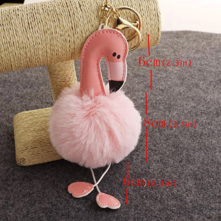 Flamingo plush keychain pendant with light pink pom pom and pink beak, metal key ring