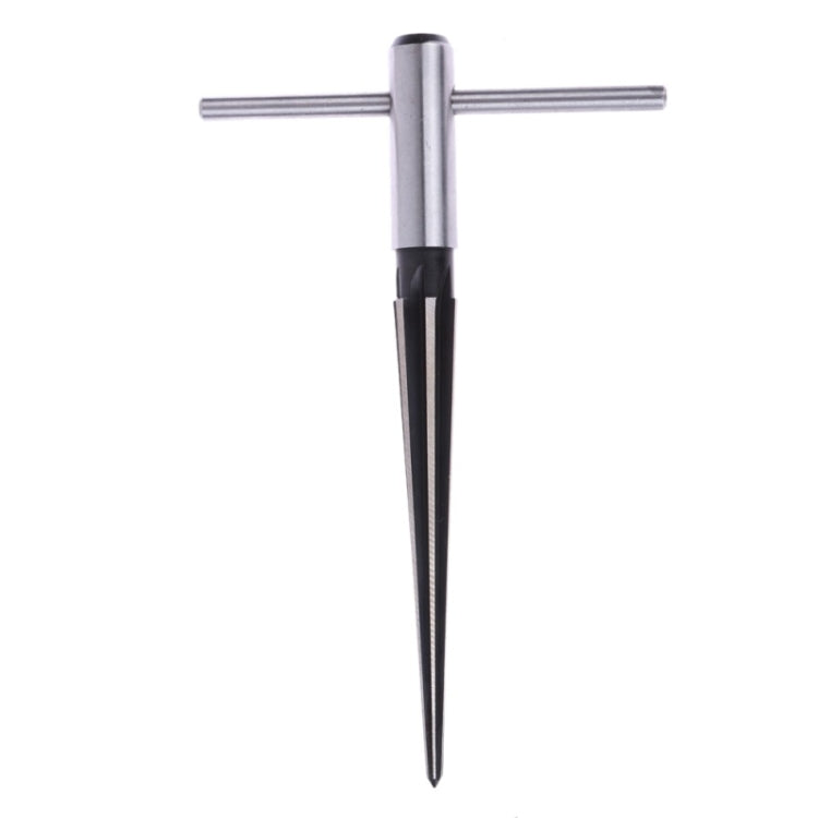T-handle taper reamer bit standing upright with silver cross handle and pointed tip