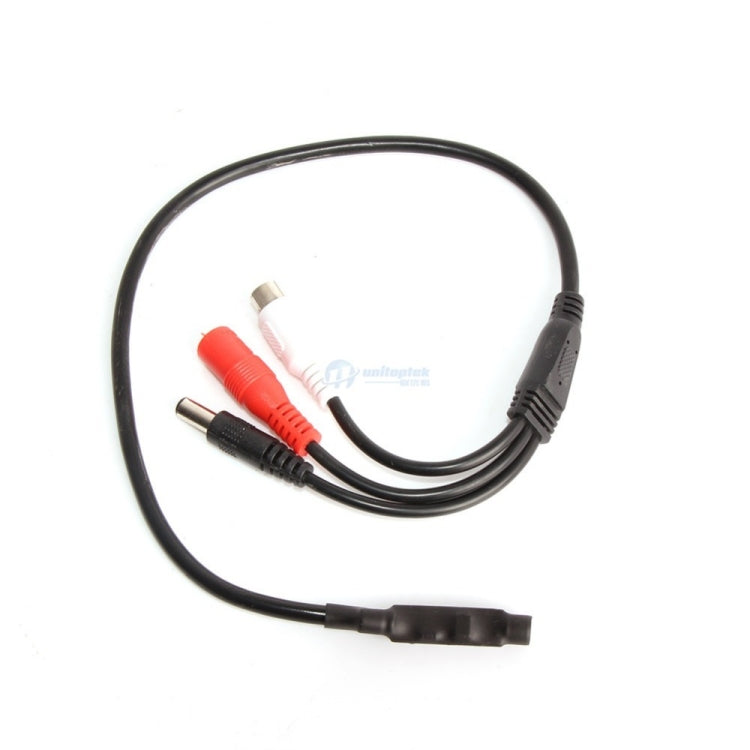 Mini CCTV audio microphone cable with black connector and RCA outputs, 3.5mm plug.