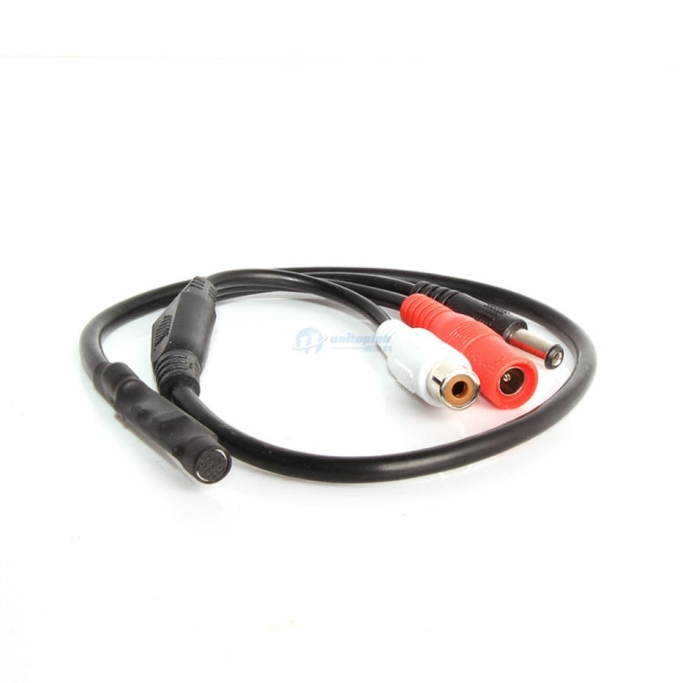 Mini audio microphone splitter cable with black 3.5mm plug and red/white RCA ports.