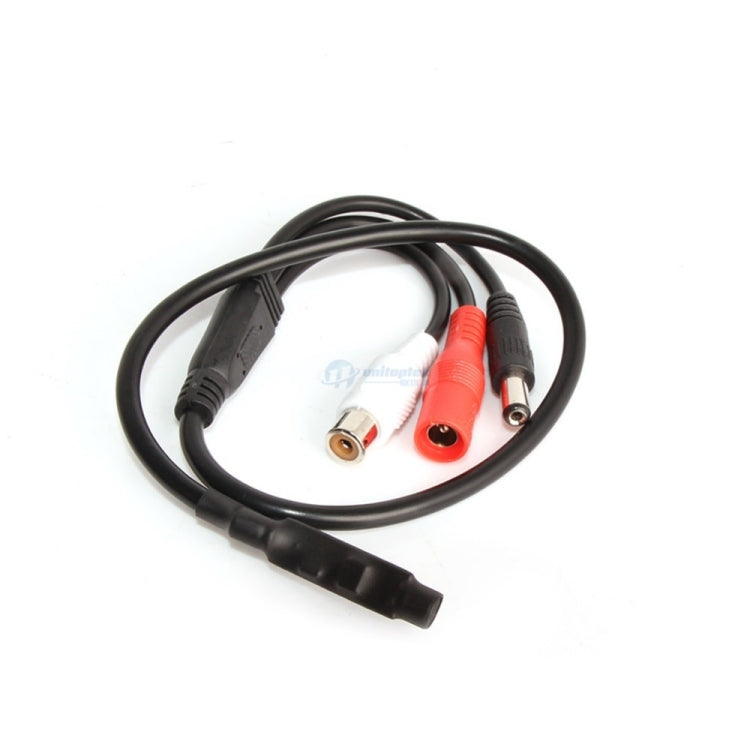 Mini CCTV audio microphone cable with black inline end and dual RCA (red/white) ports.