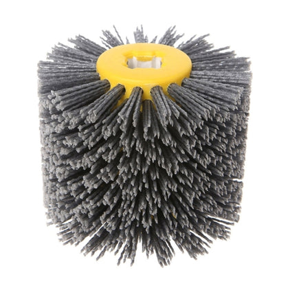 Abrasive wire wheel with yellow mounting hub and gray bristle disc