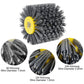 Abrasive wire brush wheel with yellow hub and dense gray wire bristles