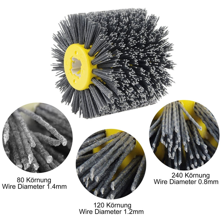Abrasive wire brush wheel with yellow hub and dense gray wire bristles