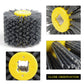 Abrasive wire drawing wheel with yellow center hub and gray wire brush bristles