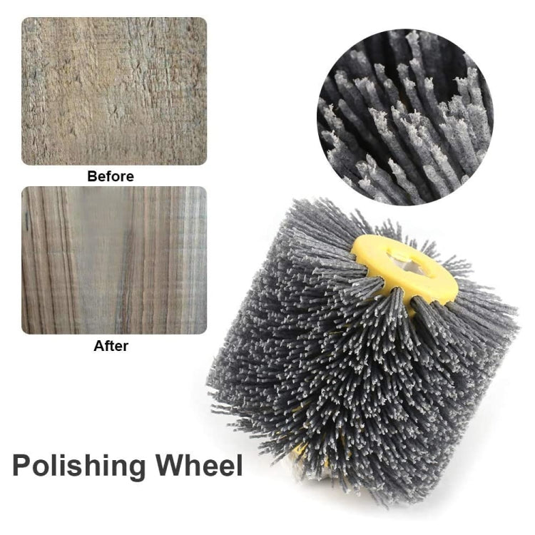 Abrasive polishing wheel with yellow hub and gray wire bristles for wood