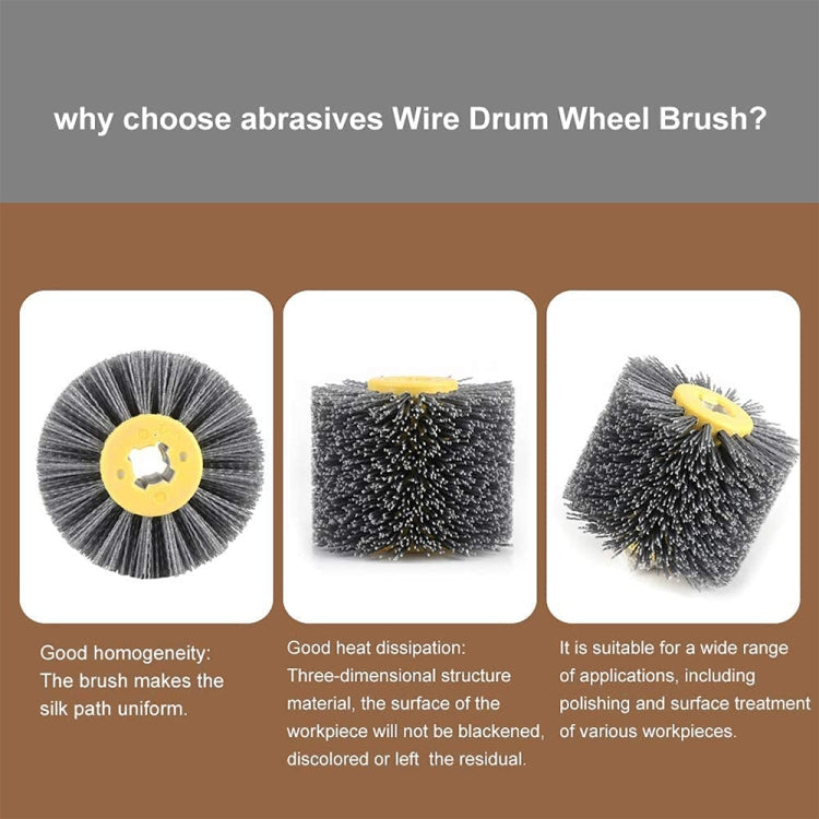 Abrasive wire drum wheel brush with yellow hub and gray rotating wire bristles