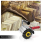 Abrasive wire wheel brush with yellow center hub and dense gray wire bristles