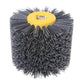 Abrasive wire wheel with yellow hub and gray bristle disc, front view