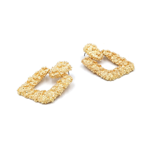 Gold textured geometric open-hoop drop earrings, angled view of square loops