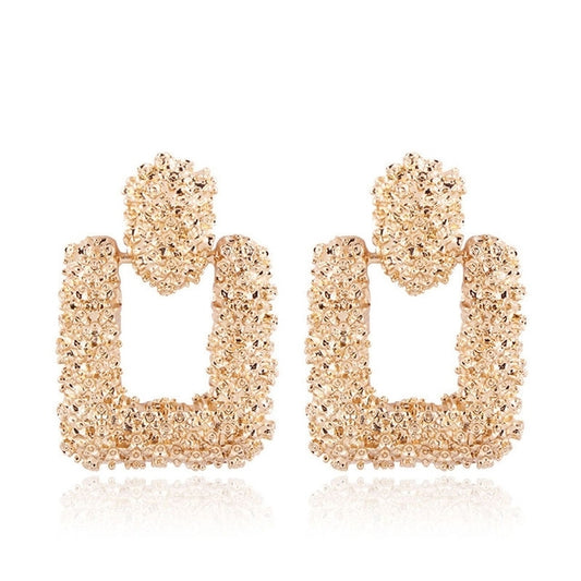 Gold geometric textured open-hoop drop earrings with dangling stud