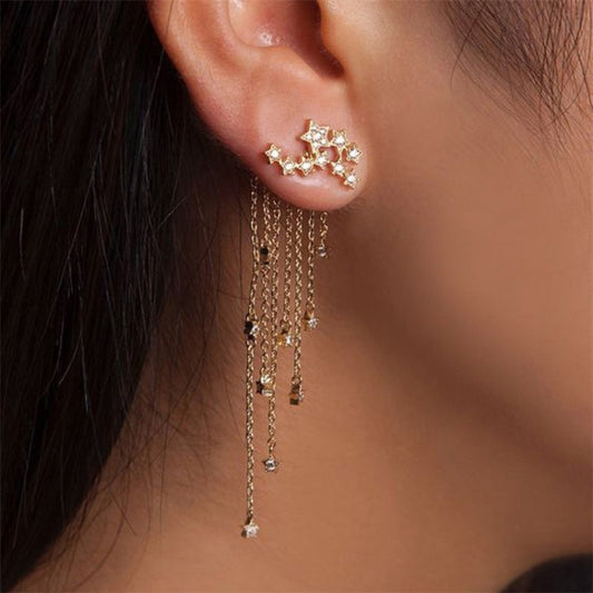 Gold star cluster stud long tassel drop earrings with multiple dangling chains