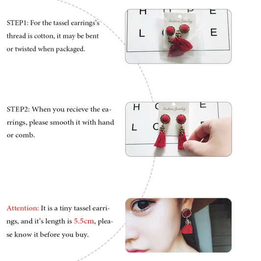 Tassel drop earrings product guide showing red tassels and round studs