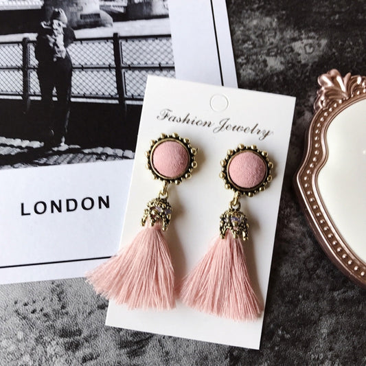 Pink round stud tassel drop earrings with gold-tone detailing