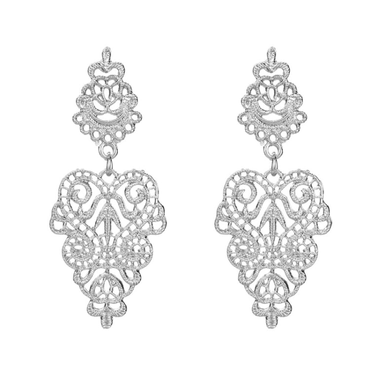 Silver filigree pendant drop earrings with ornate round floral charms