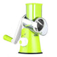 Green-and-chrome electric fruit slicer base with locking stainless cutting head