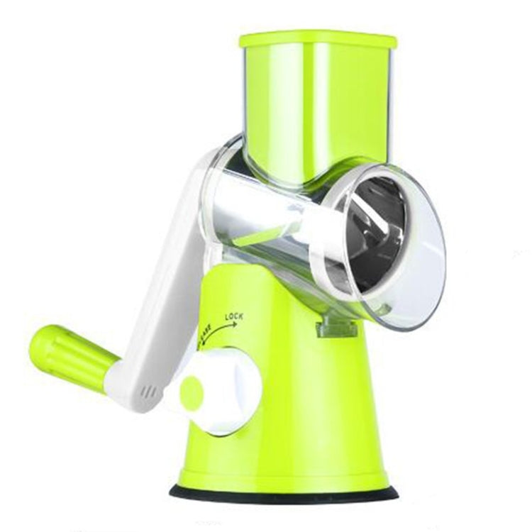 Green-and-chrome electric fruit slicer base with locking stainless cutting head