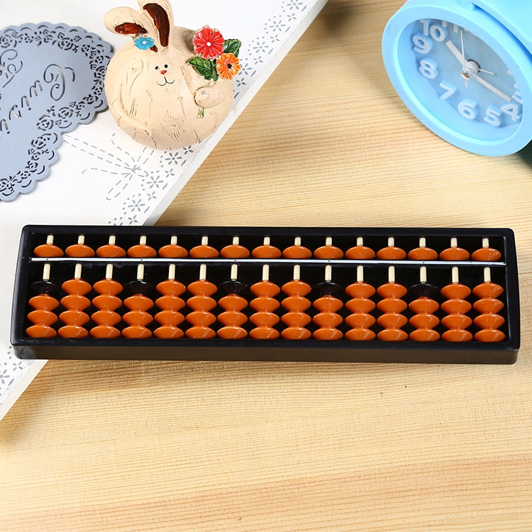 Plastic 15-digit abacus toy showing orange and dark beads on white rods, black tray