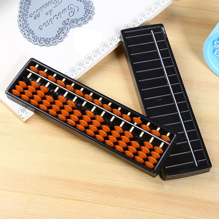 Plastic 15-digit abacus in black case with orange beads and white rods