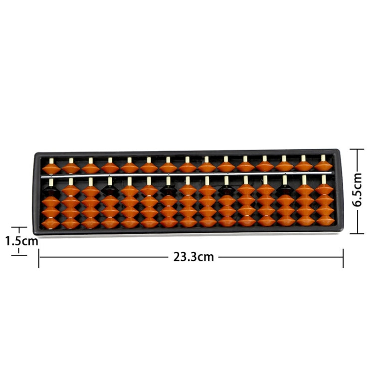 Plastic 15-digit abacus with orange beads and white rods, black frame with size markings