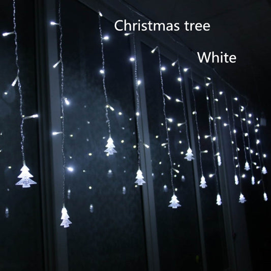 Icicle string light curtain with white tree-shaped LED icicles