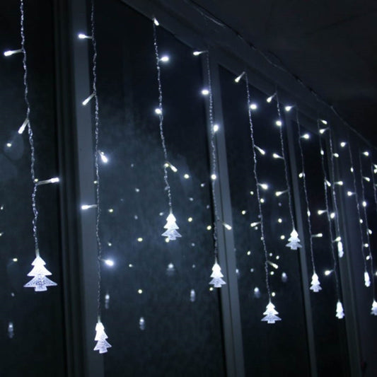 Icicle string light curtain with hanging tree-shaped LEDs, cool white glow