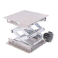 Stainless steel manual lab lift platform with raised square plate and screw scissor arms