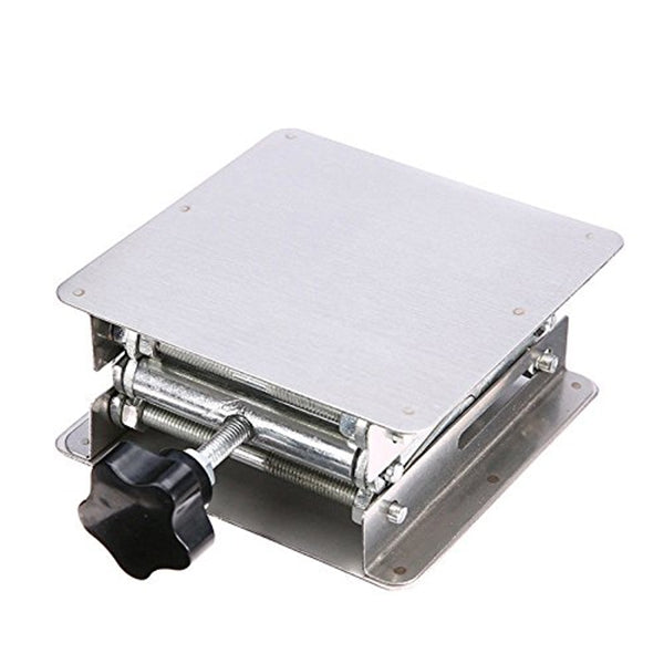Compact stainless steel lab lifting platform with black knob and screw jack base